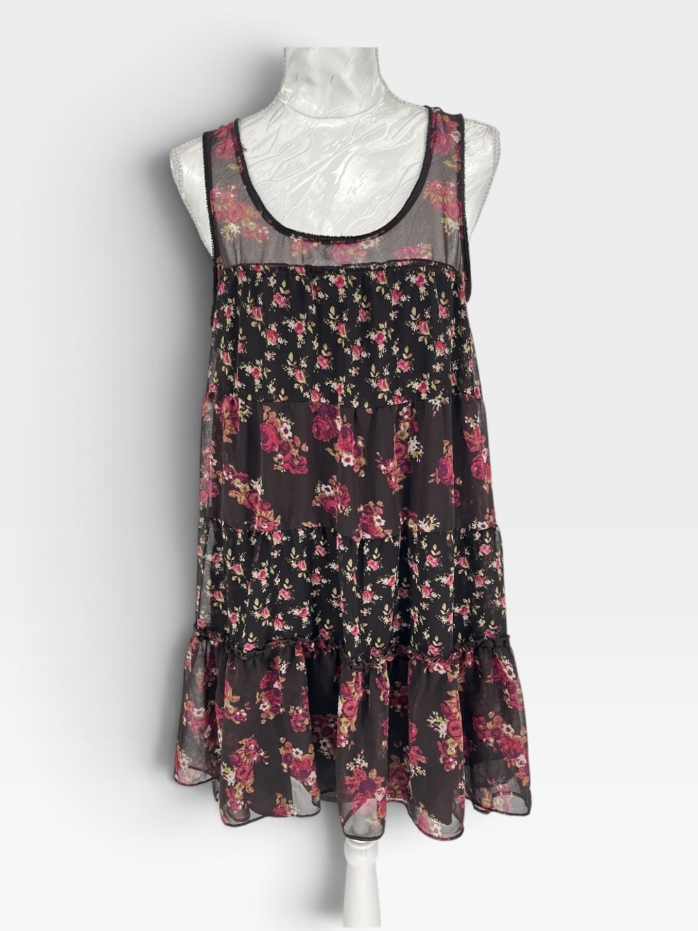 Sleeveless Black Floral Tiered Dress with Pink Rose Print